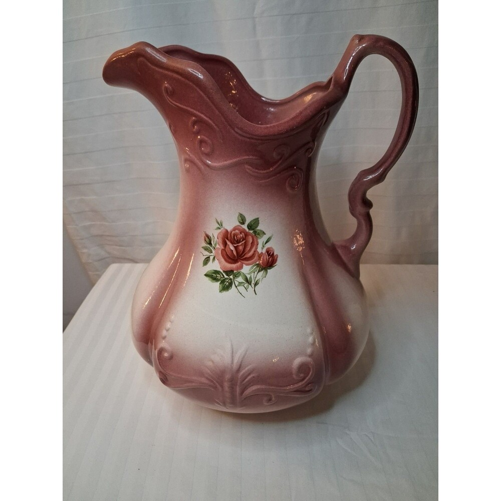 Vintage Victorian Ironstone Pitcher Burgundy Floral Antique England